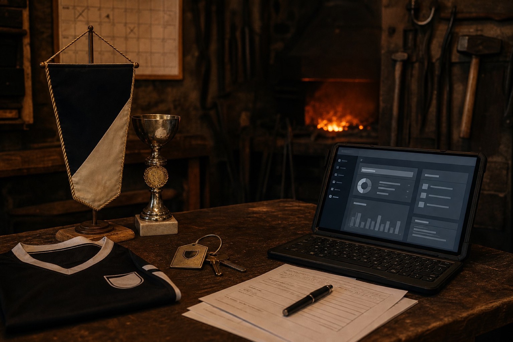 Werkstatttisch mit Vereinswimpel, Pokal, Trikot, Schlüsselbund, Formular und einem Laptop mit Vereinsschmiede, im Hintergrund die Esse.
